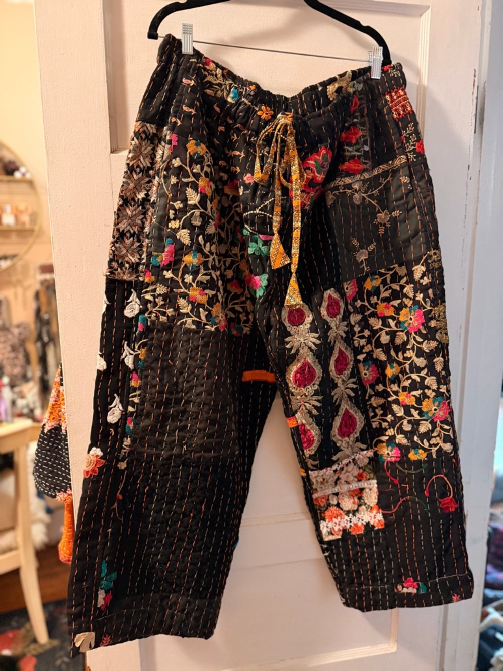 Embroidered  & Embellished Black Kantha Pants
